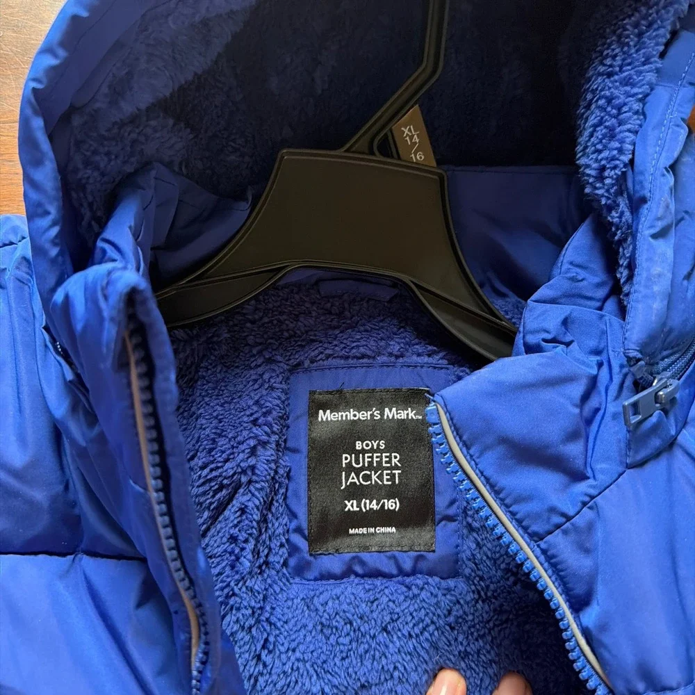 Members Mark Boys Blue Puffer Jacket Removable Hood Sherpa Lined XL 14/16 NEW